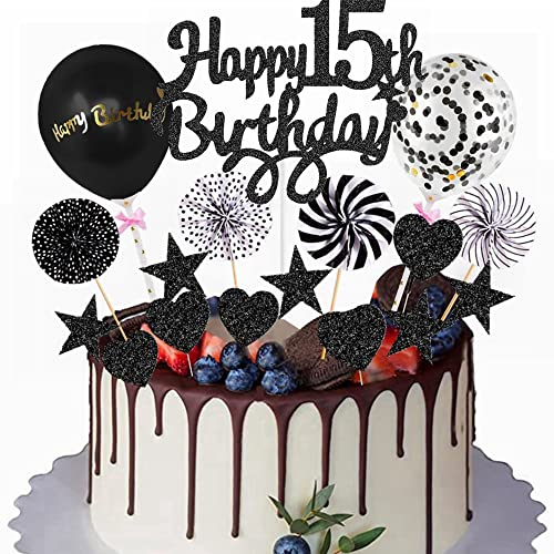 Yunchu Online Happy 15th Birthday Tortendeko Schwarz für Junge Mädchen - Kuchen Topper 15 Jahre Kuchendeko - Cupcake Toppers
