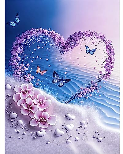 DAERLE Diamond Painting Erwachsene Blumen in Form eines Liebesherzens, 5D Diamant Painting Bilder, Diamond Painting Bilder Diamant Malerei Set Meeresufer und Schmetterling 30x40cm Wanddekoration