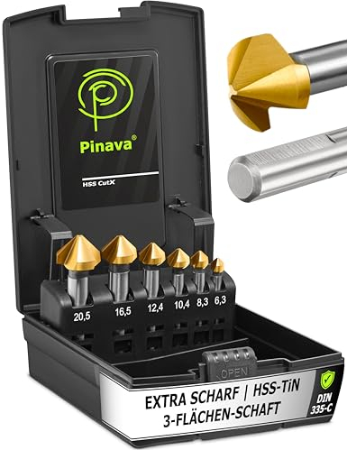 Pinava® Kegelsenker Set HSS CutX 90° Ø6.3-20.5mm - [Sehr Scharf | Extra Triangular Schaft] - Präzise Senker & Entgrater für Holz, Metall, Kunststoff - TiN Senkbohrer Versenker 6tlg inkl. Box