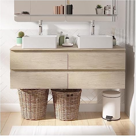 MOB-IN Meuble Double Vasque 120cm avec Plan Bois Sorrento Décor chêne + Vasque
