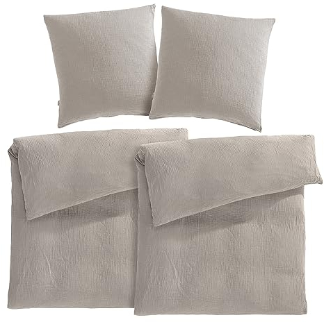 Pure Label Musselin Bettwäsche 135x200 4-teilig bestehend aus Bettbezug 135 x 200 cm 2er Set, Kissenbezug 80x80 cm 2er Set aus Baumwolle - Traumhaft kuschelige Bettwäsche-Sets in Taupe