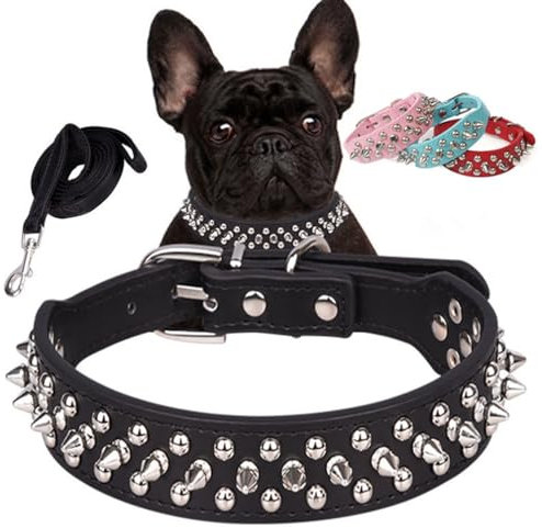 Hundehalsband-Set mit Nieten, Nieten, Nieten, Welpenhalsbänder, Stachelnieten mit Leine, Set, Halskette, Hunderasse, Hundehalsband und Leinengurt, Gürtel ziehen für kleine, mittelgroße und große