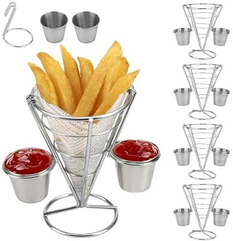 TAZZOR Barquette Frite - Lot de 4 avec Bols à Trempettes Amovibles - Panier à Frites et Bols à Sauce Set, Cornet Frite, Panier à Frite, Boîte à Frites - Pratique et Élégant (Double X 4)
