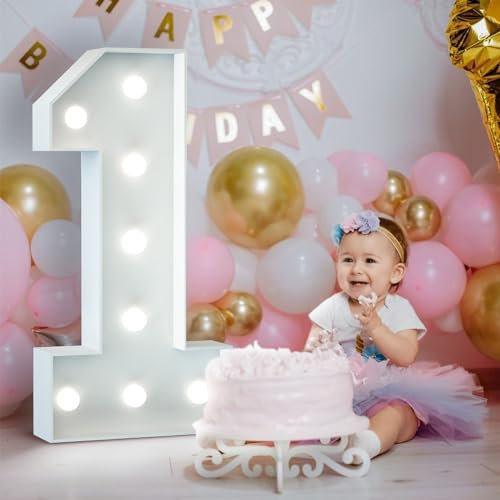 3FT Light Up Numbers Birthday Decoration: Large Marquee Numbers 1 for 1st 21st Party Decor Wedding Baby Shower, Big Number Balloons Frame Foam Cardboard Mosaic Balloon Arch Stand Pre-cut Letter