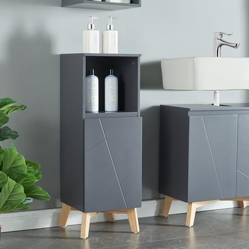 [en.casa] Badezimmerschrank Overath Midischrank schmaler Badschrank mit 1 Tür und offenem Ablagefach Beistellschrank Kommode 86x30x30cm Grau