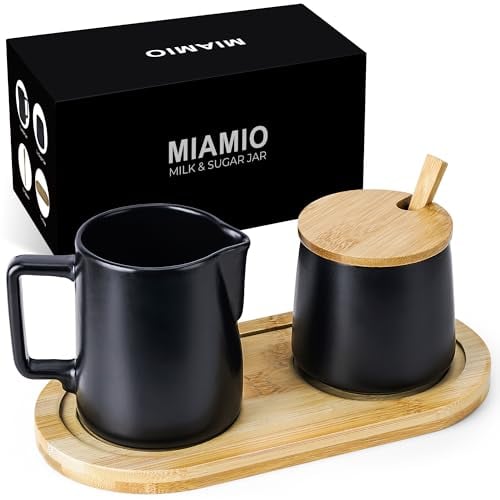 MIAMIO - Sugar and Cream Serving Set with Lid and Spoon/Ceramic Coffee Bar Accessories - Microwave & Dishwasher Safe (Black)