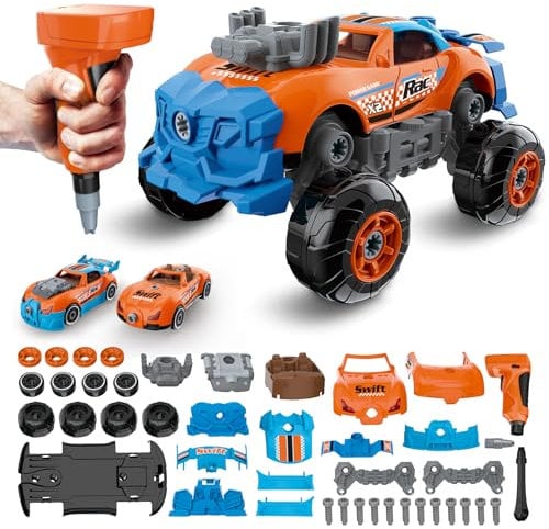 Pup Go 3-in-1 Montage Spielzeug Auto für Jungen 3-8 Jahren, 43 Teile mit Elektrischem Bohrer, Zusammenbauen, Baue Dein Eigenes Auto mit Werkzeugen, Kinder (Orange)