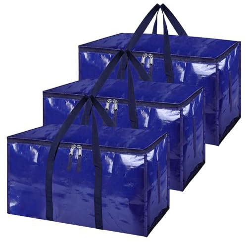 SUNNOW 3 Pack 90L Large Moving Bags, Waterproof Clothes Storage Bags Large Storage Bag with Zips for Clothes Moving Travelling Camping Garden Tools Moving Totes Christmas Storage Containers(Blue)