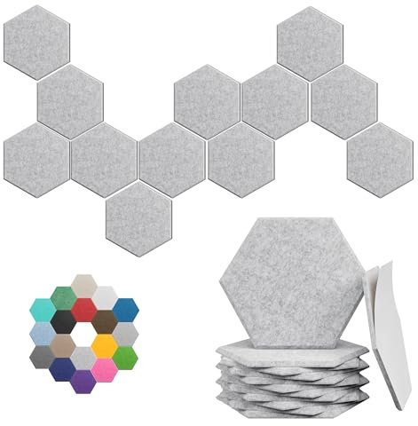 Sechseckige Akustikplatten, hochdichte, schallabsorbierende Paneele, 30,5 x 25,4 x 0,4 cm, für verbesserte Geräuschreduzierung, DIY-Design, ideal für Studios, Büros und Heimkinos (Silbergrau)