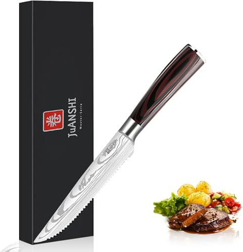 JUANSHI® Steakmesser 11.4 cm – Hoher Kohlenstoffgehalt Edelstahl Steak Messer mit ultrascharfer gezackter Klinge und ergonomischem Holzgriff Wird in einer Geschenkbox geliefert