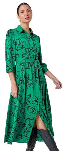 Roman Originals Shirt Dress for Women UK- Ladies Long Sleeve Belted Collared Midi Maxi Winter Autumn Smart Casual Button Through Evening Office A Line Swing Skater - Black Green - Size 14