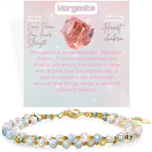 Farfume Armband Damen Edelstein Perlen Armbänder, Chakra 4mm Kristall Natürliche Echte Steine Schmuck Geschenke für Frauen(Morganit)