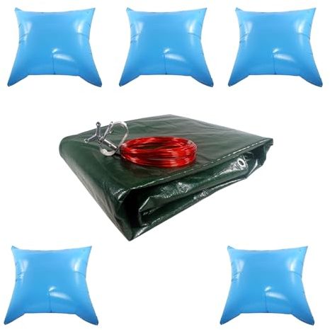 LionFlex Pool Abdeckplane Poolkissen Set | Abdeckplane Grün/Schwarz Rundpool 3,6 m + 5 x Poolkissen 120 x 120 cm | Unterstzützung zu Einer optimalen Poolabdeckung im Herbst/Winter