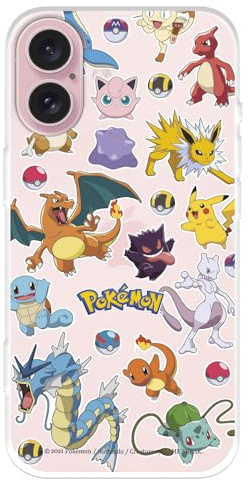 Schutzhülle kompatibel mit iPhone 16, offizielle Pokémon-Sticker und Pokeball zum Schutz Ihres Handys. Flexible transparente Silikonhülle mit offizieller Pokémon-Lizenz