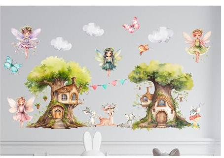 Wandtattoo Wandsticker Blume Fee Feen Blumen Schmetterling Elfen Rosa Wandtattoo Buntes Pflanze Selbstklebend Wandaufkleber Abnehmbar Wandkunst Aufkleber für Mädchen Kinder Kinderzimmer Schlafzimmer