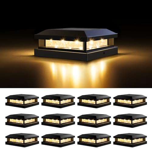Solar Post Cap Lights Outdoor 12 Packs for 4x4 5x5 Vinyl/Wooden Posts, Waterproof Solar Powered Fence Post Light with Warm/Cool Lighting, Black 16LEDs Deck Cap Light for Garden, Patio, Porch