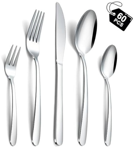 Hunnycook Set di posate per 12 persone, 60 pezzi, in acciaio inox, elegante set di posate con forchette, cucchiai e coltelli da tavola, adatto per casa, ristorante, feste, lavabili in lavastoviglie