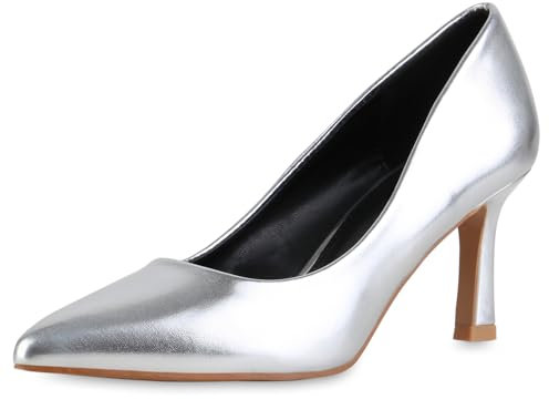 VAN HILL Damen Spitze Pumps Stiletto Lack Klassisch Schuhe 216478 Silber 36