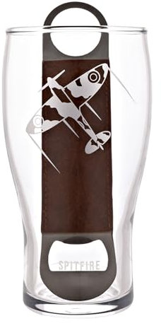 Officially Licensed Royal Air Force RAF Pint Glass & Bottle Opener Set - Spitfire - Etched Graphic Drinking Beer Glass Home Bar, Kitchen & Dining for Men, History & Aviation - 480ml / 16oz.