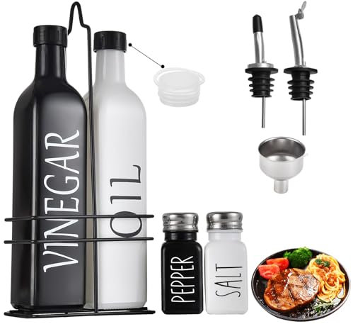 Agrdeed öL und Essig Spender Flasche Glas-Set, 500ML Zwei Gewürzflaschen, Olivenölflasche mit Trichter, Anlaufgeschütztem Deckel, Etikett, Caddy Halter und Edelstahl-Ausguss, 4-teiliges Set