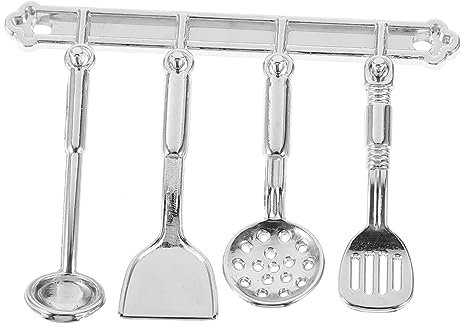 ibasenice Miniature Dollhouse Kitchen Utensils Set 1 12 Scale Silver Metal Cooking Tools Including Pot Spatula Strainer for Doll House Decoration and Collectors
