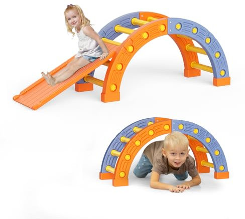 Montessori Ensemble de barres d'escalade, triangle d'escalade d'intérieur avec triangle d'escalade, demi-cercle, toboggan en plastique, salle de gym d'escalade pour bébé (PJ004-orange-bleu)