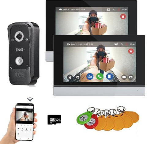 Sistema de intercomunicación de vídeo con cable Tuya WiFi 7 pulgadas de pantalla táctil 1080P Timbre de la puerta inteligente Tuya APP Kit de intercomunicación (1 Timbre+2 Monitor)