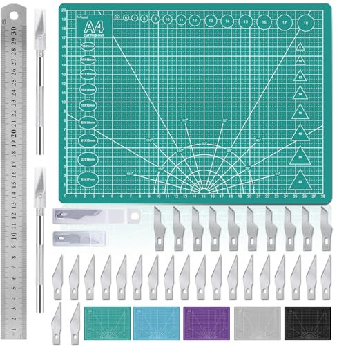 Miuzei Cutting Mat Set A4 with Steel Ruler - Self-Healing Craft Mat for Sewing, Fabric & Drawing Projects(Green)
