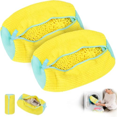 FoiiLiio 2 Piezas Bolsa Lavadora Zapatillas, Bolsa de Lavado para Zapatos Reutilizable con Cremallera, Bolsa de Limpieza de Zapatos, Bolsa para Lavar Zapatillas en Lavadora Antideformación (Amarillo)