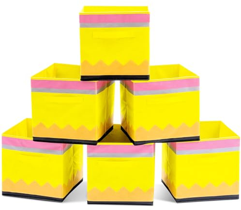 RattanView 6 Pcs 11in Pencil Cube Storage Bins Classroom Organizer | Collapsible Fabric Baskets for Classroom, Pencil Themed Cubby Organizer, Daycare Preschool Supplies, Treasure Prize Box
