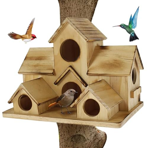 Cabaña de pájaros de Madera con 6 Hoyos, casa de pájaros al Aire Libre de Varios Agujeros para la decoración del jardín