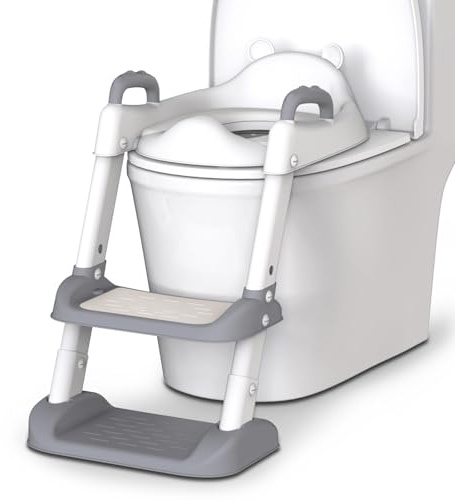 HBTower Potty Training Seat with Step Stool Ladder for Toddlers, Adjustable Kids Toilet Seat with Splash Guard, Anti-Slip Pads & Safety Handles, Comfortable Potty Chair for Boys & Girls (Grey)