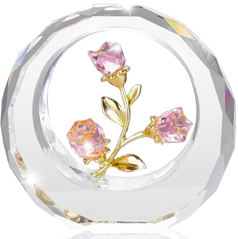 RONG KRISTO Crystal Rose Figurines Glass Flower With Stems Spring Bouquet Collectible Gifts for Wedding Birthday Party (Pink)