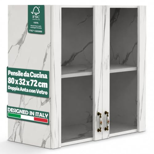 Shally Dogan Credenza, Pensile da Cucina con Vetro, Armadio Sospeso da Parete Vetrato in Legno Due Ante 1 Ripiano 2 Scomparti, Armadietto Spazioso Resistente, Dim. 80 x 32 x 72H cm (Marmo)