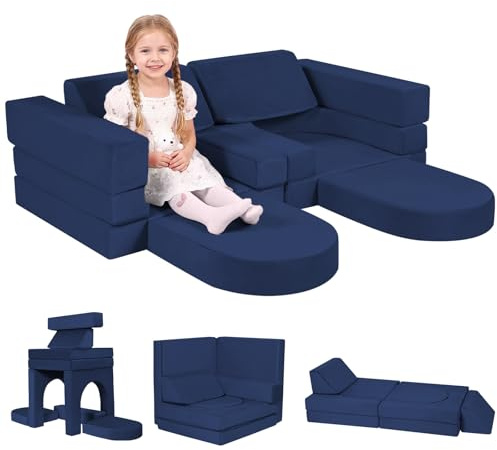 MeMoreCool 10-Pieces Kids Play Sofa, Modular Toddler Chair Couch, Navy