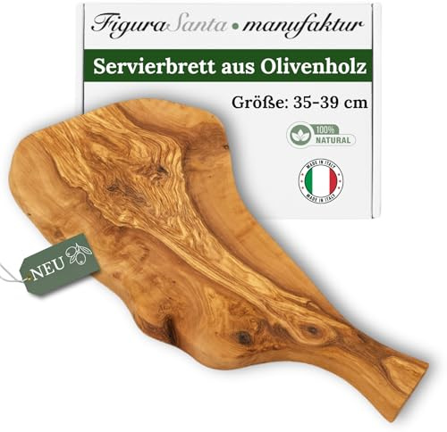 Figura Santa Olivenholz Servierbrett mit Griff, Schneidebrett, Handgefertigt seit 1988, Rustikales Holzbrett für die Küche,Käsebrett und Antipasti Servierplatte, Olivenholzbrett (35-39 cm)