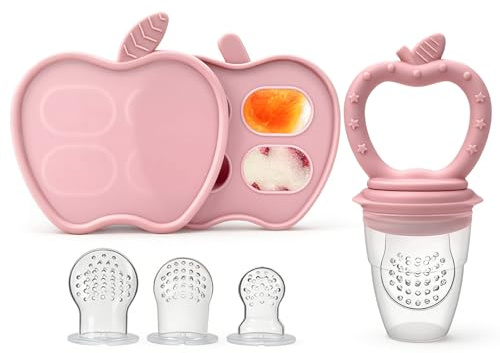 Ciuccio per frutta in silicone (con stampo per cubetti di ghiaccio), per frutta e verdura, porridge, contenitore per alimenti per bambini, latte materno, dentizione dentale, senza BPA (rosa)