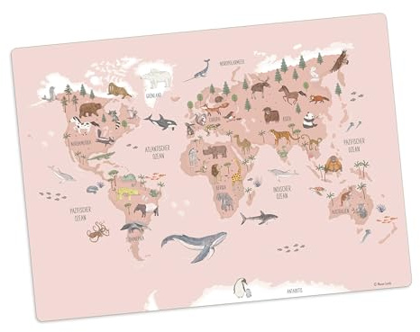 Tischset | Platzset abwaschbar -„Weltkarte Tiere in deutsch aus Premium Vinyl - 44x32 cm – rutschhemmend, abwaschbar - Made in Germany