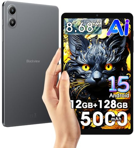 Blackview LINK 2 Tablet, 8.68 Inch Gaming Mini Tablet Android 15, 12GB+128GB/TF 2TB, Gemini AI 2.0, Dual Speakers, 5000mAh Battery, Widevine L1, 5G WiFi/GPS/OTG/FM/3.5mm Jack, Black