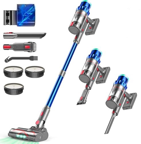 PINICO Akku Staubsauger, 550W 48000Pa Staubsauger Kabellos, Akkusauger mit Automatikmodus & Anti-Verhedderung-Bürste, Stabstaubsauger für Teppich, Hartboden und Tierhaare (Bleu Clair)