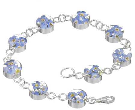 Shrieking Violet 925 Sterling Silver Round Real Flower Link Bracelet - Forget-Me-Not (Blue)