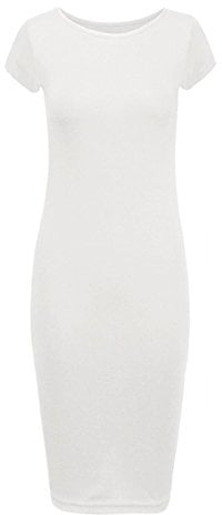 Fast Fashion Ladies Cap Sleeves Bodycon Midi Dress/Plain - White - 16