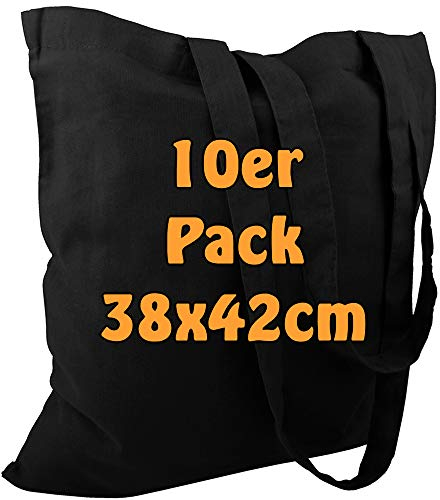 Cottonbagjoe Baumwolltaschen | 38x42 cm | unbedruckt | mit zwei langen Henkeln | bemalbar | Öktex 100 zertifiziert | Jutebeutel | Stofftaschen (schwarz, 10 Stück)