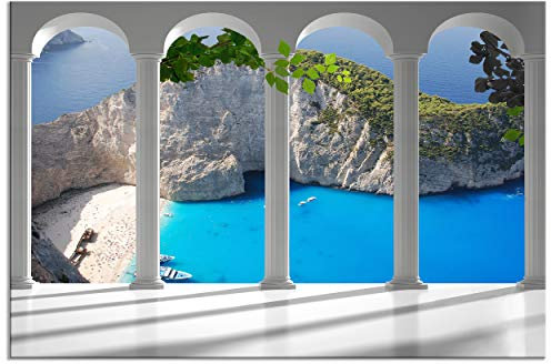decomonkey - Impression sur Toile Paysage Fenetre 90x60 1 Pièce - Tableau Décoration Appartement Cadre en Bois Déco Salon Peinture sur Toile Maison Architecture montagnes colonnes paysage mer eau