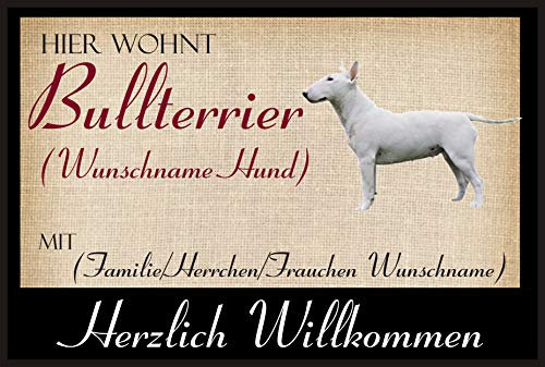 Crealuxe Fussmatte mit Wunschtext/Wunschname Hier wohnt Bullterrier - 60x40 cm - Gummi Rückseite/rutschfest - Filzoberfläche - Bedruckte Türmatte - Innenmatte - Schmutzmatte
