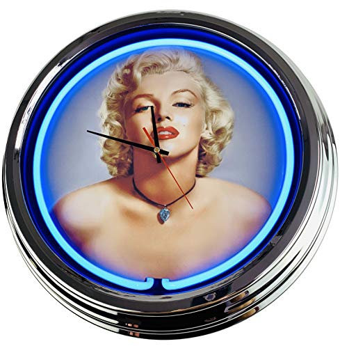 US-Way.de Marilyn Monroe – 44 cm Durchmesser, Deko-Wanduhr ohne Tickgeräusche und gut lesbares Display, USA 50er-Jahre-Stil Neon-Uhr für Küche, Büro (Blau)