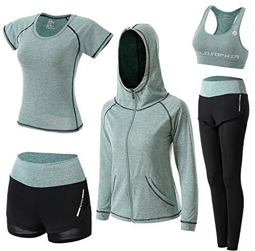 BOTRE Damen Traingsanzug Yoga Kleidung Anzug 5er-Set Sportanzüge Jogginganzug Gym Fitness Kleidung Laufbekleidung Sportswear Sport Yoga Outfit Damen BH Leggings Set (Grün, X-Large)