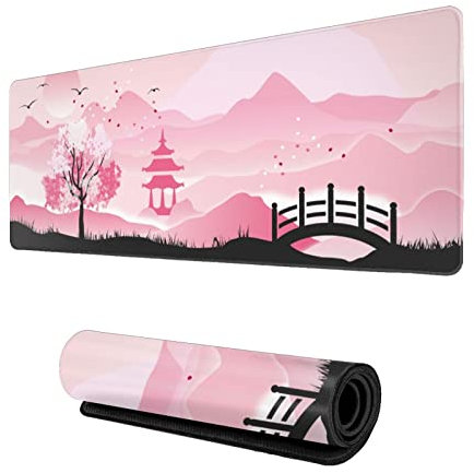 Tapis de souris de gaming avec motif paysage japonais Sakura rose et fleurs de cerisier - Grand tapis de souris en caoutchouc antidérapant - Bords cousus - 80 x 30 cm