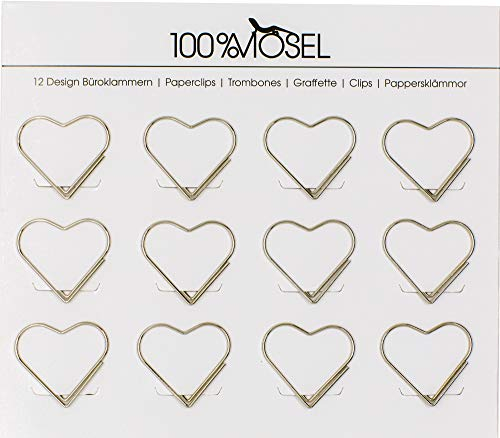 100% Mosel Büroklammern Silber, 12 Stück, in Herzform (3 x 2,7 cm), edle Klammern aus Metall, modernes Accessoire fürs Büro/Homeoffice, elegante Deko zu besonderen Anlässen