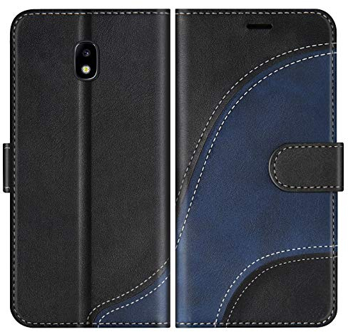 BoxTii Hülle für Galaxy J3 2017, Leder Handyhülle für Samsung Galaxy J3 2017, Ledertasche Klapphülle Schutzhülle mit Kartenfächer und Magnetverschluss, Schwarz